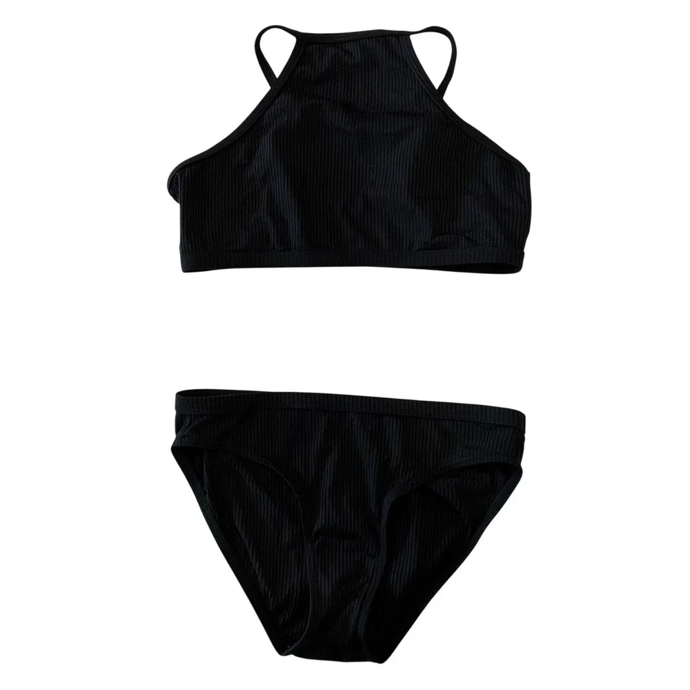 Rip Curl Girls Black Ribbed High Neck Halter Bikini Two Piece Swimsuit Set‎
